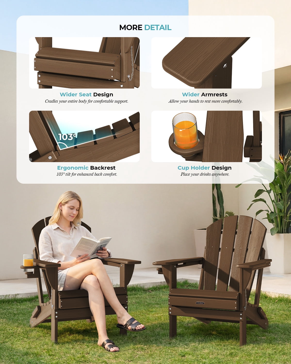 Folding Adirondack Chair, All-Weather HDPE Fire Pit Patio Chair, Brown