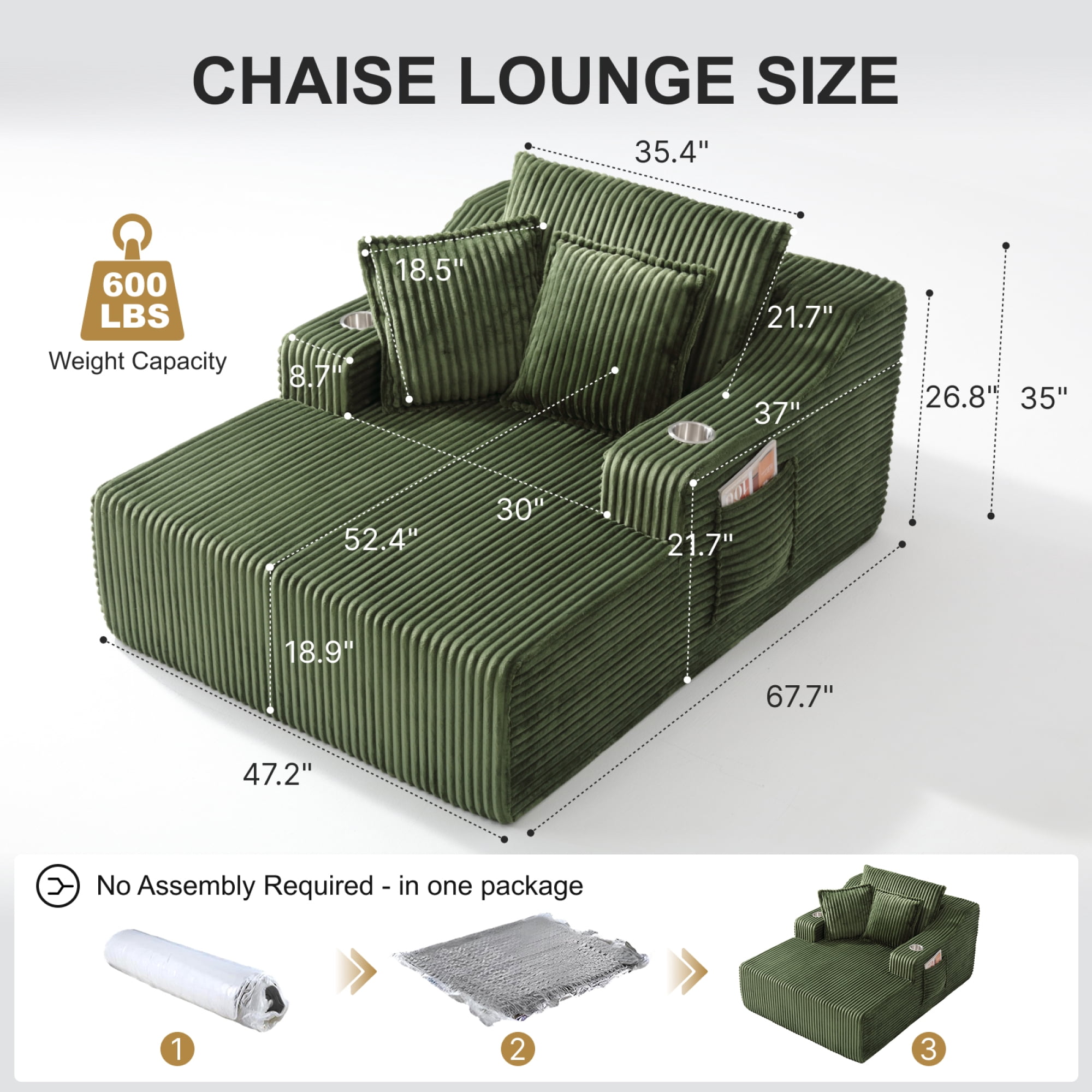 Leumius Oversized Chaise Lounge Chair Indoor,67'' Faux Fur Upholstered Boneless Sofa Bed,Deep Seat Sleeper Cloud Sofa with Cup Holders & 3 Pillows for Living Room, No Assembly Required,Green