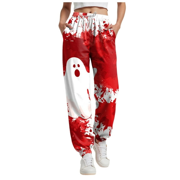 felwors Women's Halloween Print Sweatpants 2025 High Waisted Joggers with Pockets Elastic Lounge Pants Hot Pink, M