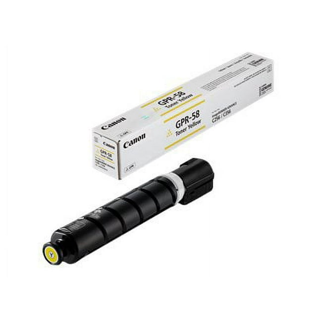 Canon GPR58 Toner Jaune, Cartouche de Toner Cylindrique Noire avec Capuchon Jaune, Illustrée aux Côtés de Sa Boîte d'Emballage de Marque. Conçue pour Être Utilisée dans les Imprimantes Canon Compatibles.