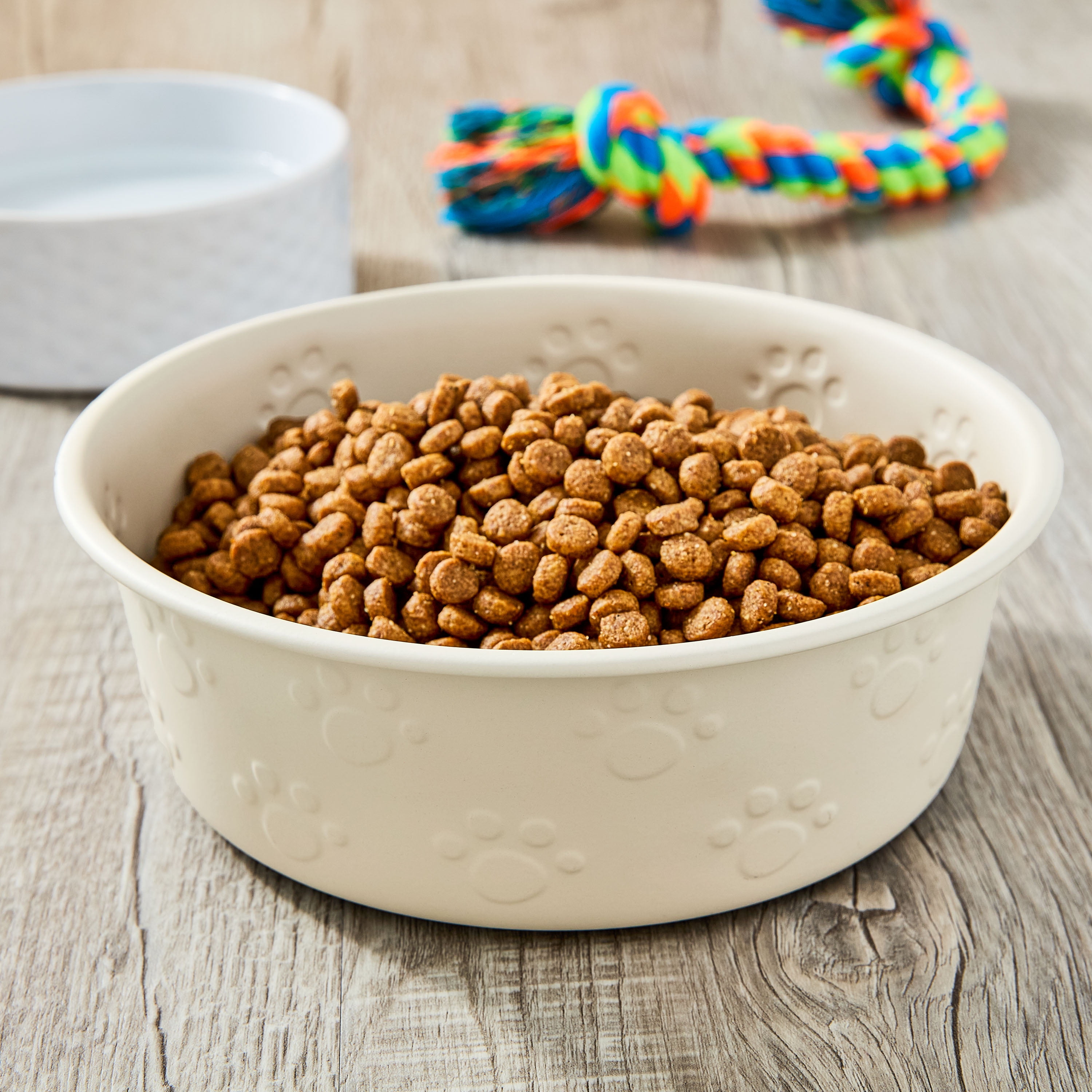 Vibrant Life Large Stainless Steel Embossed Dog Bowl, Off-White Paws