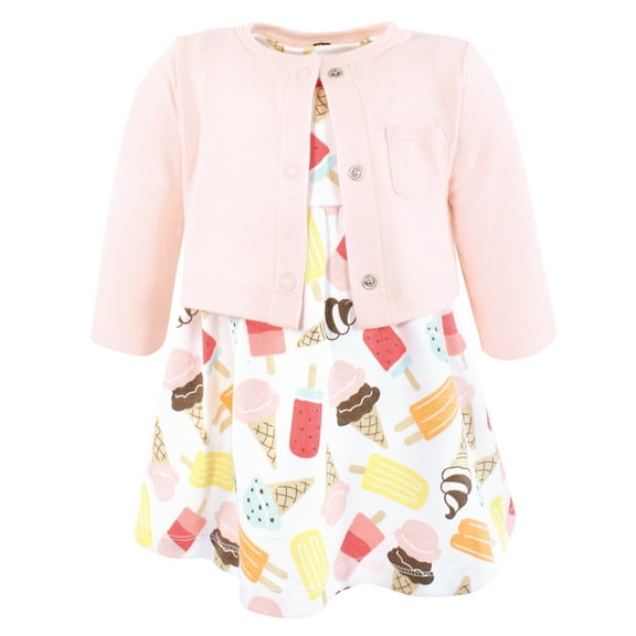 Hudson Baby Infant and Toddler Girls Cotton Dress and Cardigan Set, Ice Cream And Popsicles, 0-3 Months