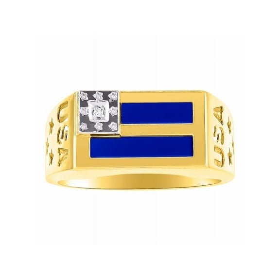 RYLOS Men's Rings Yellow Gold Plated Silver USA Flag Designer Ring With Diamonds and Blue Quartz Rings For Men Size 8