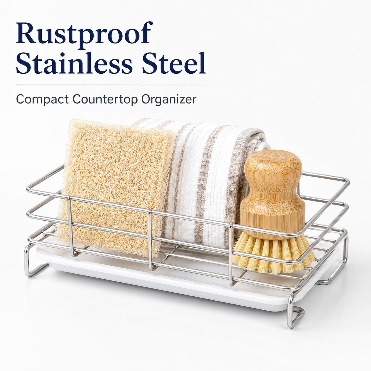 Stainless Steel Kitchen Sink Caddy with Removable Drip Tray and Bamboo Brush, Sponge and Soap Countertop Organizer