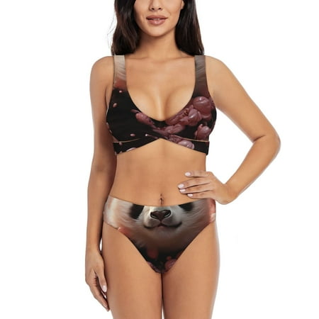 Zeuib Cute Cloud Panda High Waisted Tummy Control Bikini Set - Knot Front Push Up Top & Cheeky Thong Bottom  Two-Piece Swimsuit for Women-Small