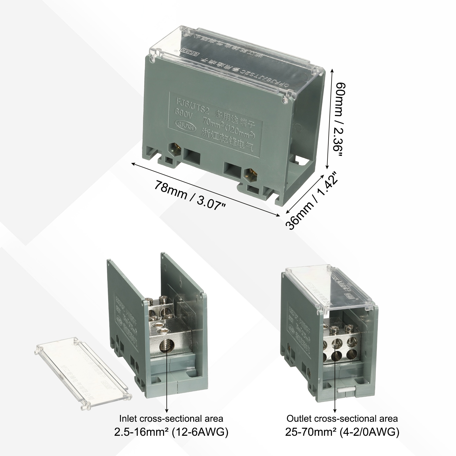 Uxcell 1 in 6 Out Rail Terminal Blocks, 690V 200A Connectors Power Distribution Block with Flame-Retardant Housing 1.42In Width