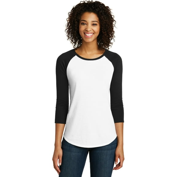 District Women's Fitted Very Important Tee 3/4-Sleeve Raglan Dt6211 Black/ White XS