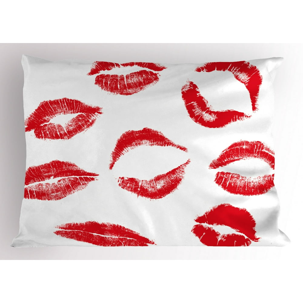 Kiss Pillow Sham Various Different Kiss Marks in Red Woman Seduction