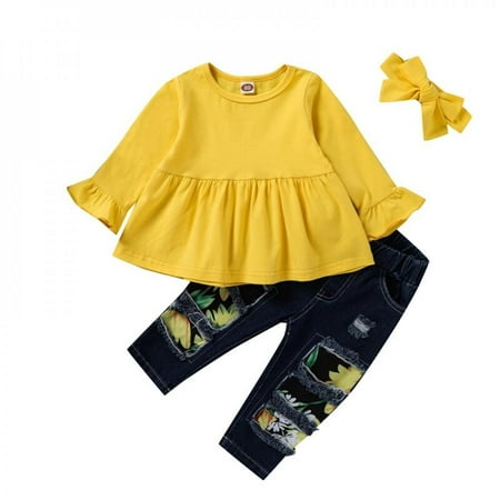 

Patgoal Baby Girl Clothes Girls Round Neck Long-Sleeved Tops Broken Denim Pants Hair Accessories 3-Piece Set Spring And Autumn