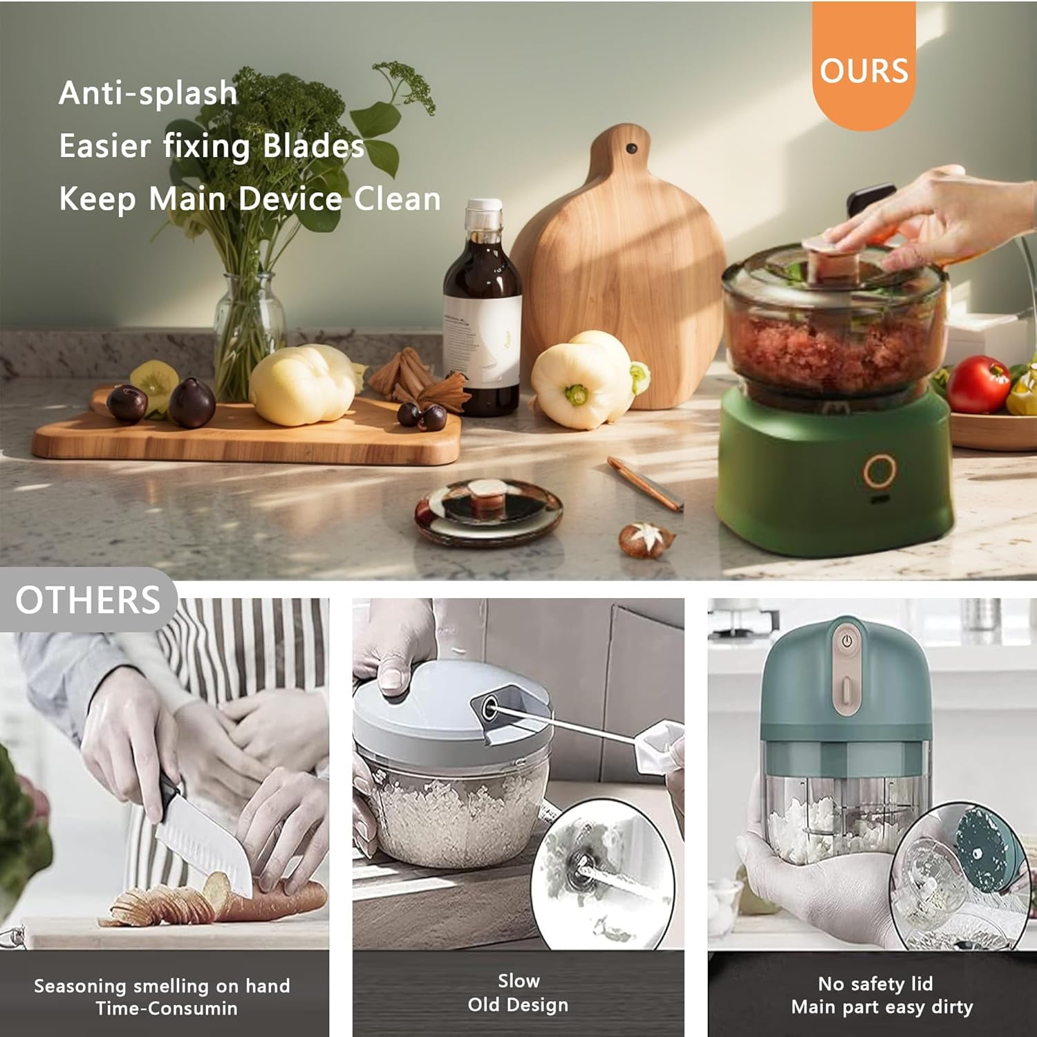Electric Mini Chopper Food Processor: USB Charging Mini Food Chopper Garlic Grinder, 350ML Vegetable Chopper For Onion Garlic Pepper Meat Mincer/Grinder/Puree Food (Green)