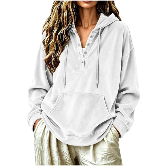 Qgtaibl Hooded Sweatshirts for Women Button V Neck Long Sleeve Drawstring Hoodies Velvet Soft Comfy Casual Pullovers with Kangaroo Pocket White XXL