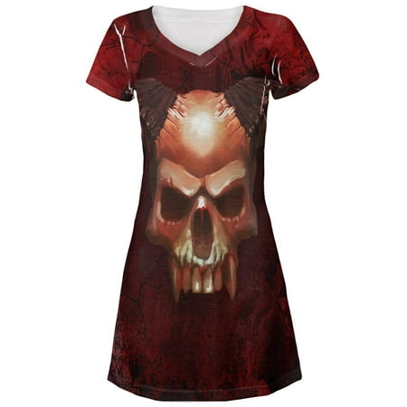 Halloween Horned Demon Skull From Hell Juniors V-Neck Beach Cover-Up Dress