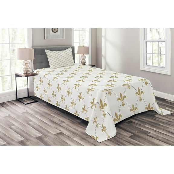 Ambesonne Flower Quilted Bedspread Set 2 Pcs, Vintage Style Lilies, Twin Size, Yellow and White