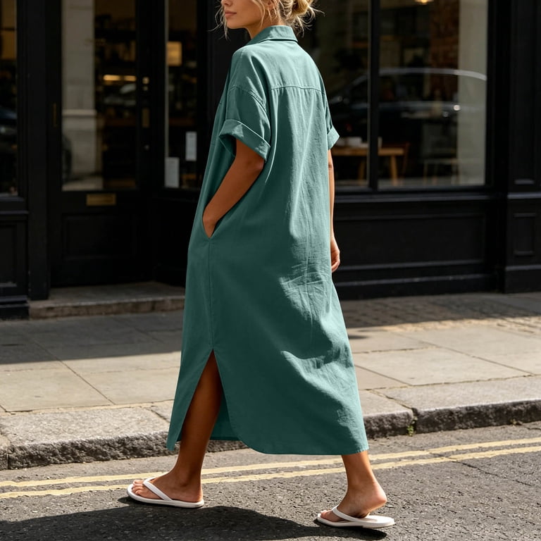 cotton blend casual dresses Navy Sleeveless Maxi Dress - This short sleeve button down maxi shirt dress is crafted from soft lightweight fabric for all day comfort Women's V-Neck Maxi Dress, Linen