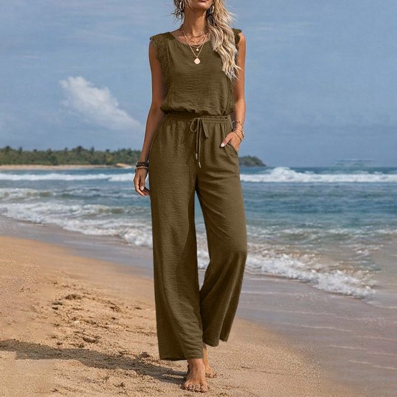 AUNVITO Women's Lace Sleeveless Jumpsuit with Round Neck Waist Defining Drawstring Pockets and Wide Leg Casual Chic Summer Style