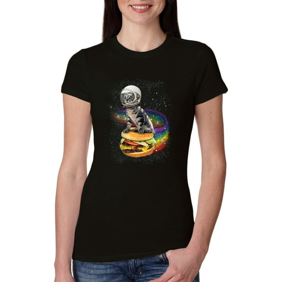 Funny Graphic Astronaut Cat in Space on Cheeseburger | Womens Cat Lover Slim Fit Junior Tee, Black, Small