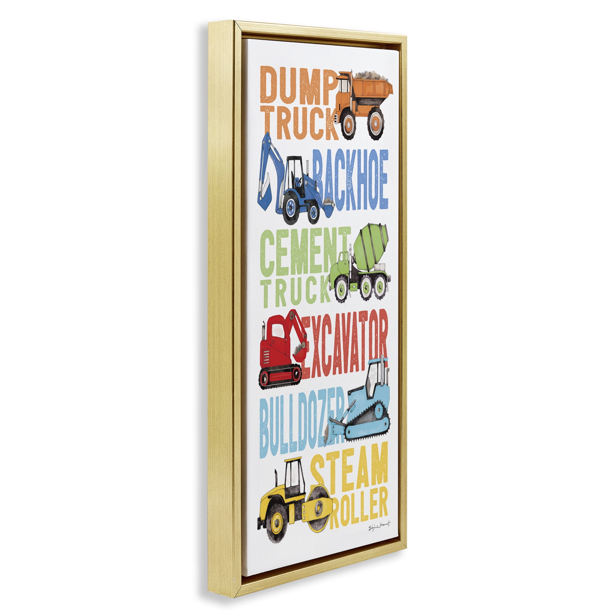 Stupell Industries Traditional Construction Vehicles Art for Kids Painting Gold Floater Framed Canvas Art Print Wall Art, 11 x 25