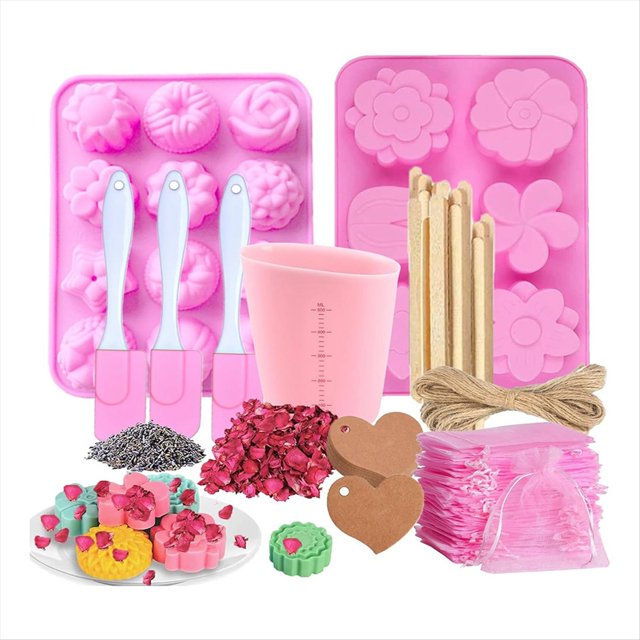 Kit para Hacer Jabón: Molde de Silicona para Jabón, Medidora, Bolsa de Organza, Palito de Madera para , Flores Secas para Manualidades Rosa