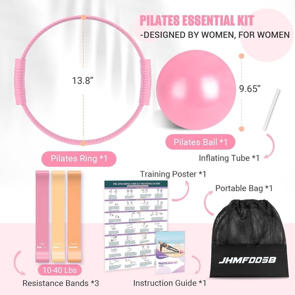 XINDUO-Pilates Ring Set, Pilates Essentials Kit with Pilates Ring and Ball, 3 Resistance Bands, Portable Bag & Training Poster, at Home Pilates Starter Workouts Equipment Kit for Women