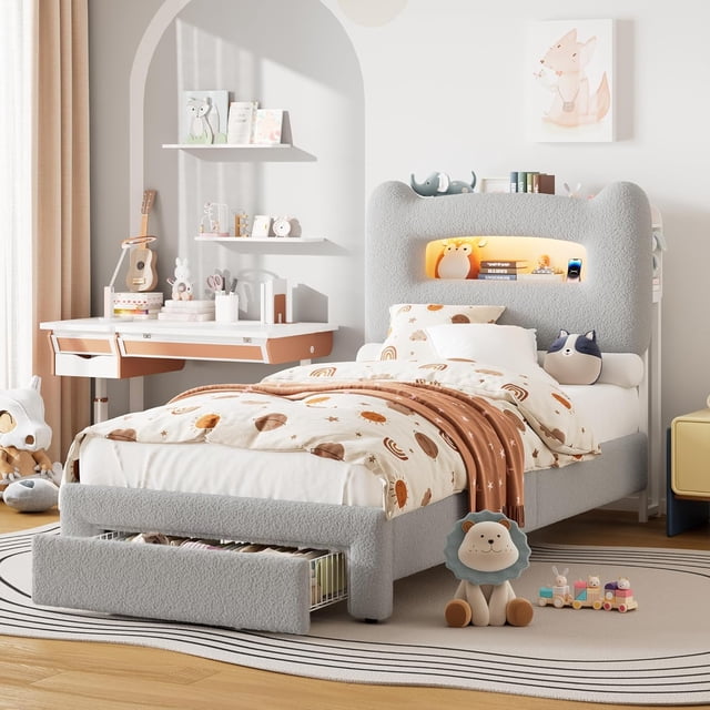 Gris tamaño individual marco de cama con forrado 2-tier almacenamiento cabecero LED lights y estación de carga cajón-no necesita colchón base para para niños girls o boys
