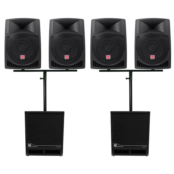 (4) Rockville RPG12 12" Active DJ PA Speakers Mounts (2) 15" Powered Subwoofers