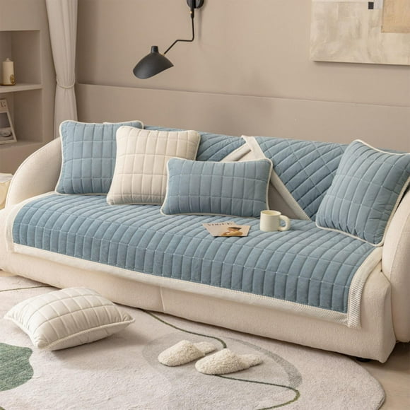 Apeya Plaid Quilted Sofa Cover-Faux Leather Combination|Soft Anti-Slip, Coffee Color, 28X82 Inch/70X210 Cm,Sofa Cover 6 Blue J
