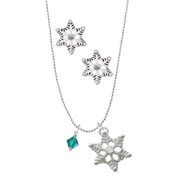 Delight Jewelry December - Teal Crystal Bicone Silver tone Snowflake Charm Necklace and Stud Earrings