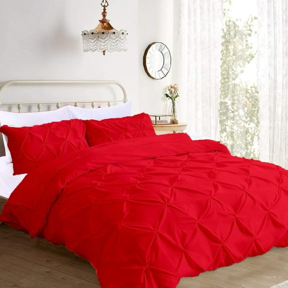 Duvet Cover 3 Piece Egyptian Cotton Cozy & Breathable 600 Thread Count Pinch Duvet Covers with Zipper Closure & Corner Ties Soft Pintuck Comforter Cover (Twin/Twin XL, Blood Red )