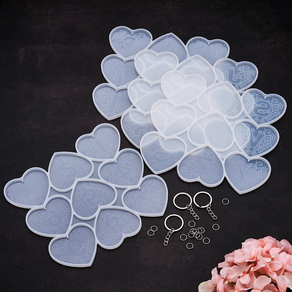 DIY Keychain Molds Making Including Resin Molds Iron Keychain Ring and 304 Stainless Steel Jump Rings For UV Resin Epoxy Resin Craft Making Heart with Mandala Letter Platinum 185x203x6mm