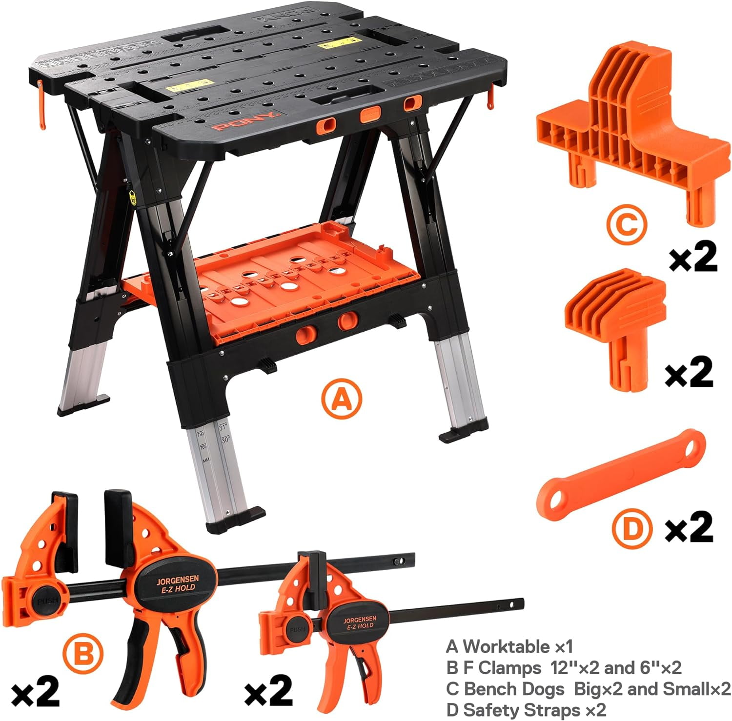 Pony Portable Folding Work Table, 2-in-1 as Sawhorse & Workbench, Load Capacity 1000 lbs-Sawhorse & 500 lbs-Workbench, 31” W×25” D×25”-32”H, with 4pcs Clamps, 4pcs Bench Dogs, 2pcs Safety Straps