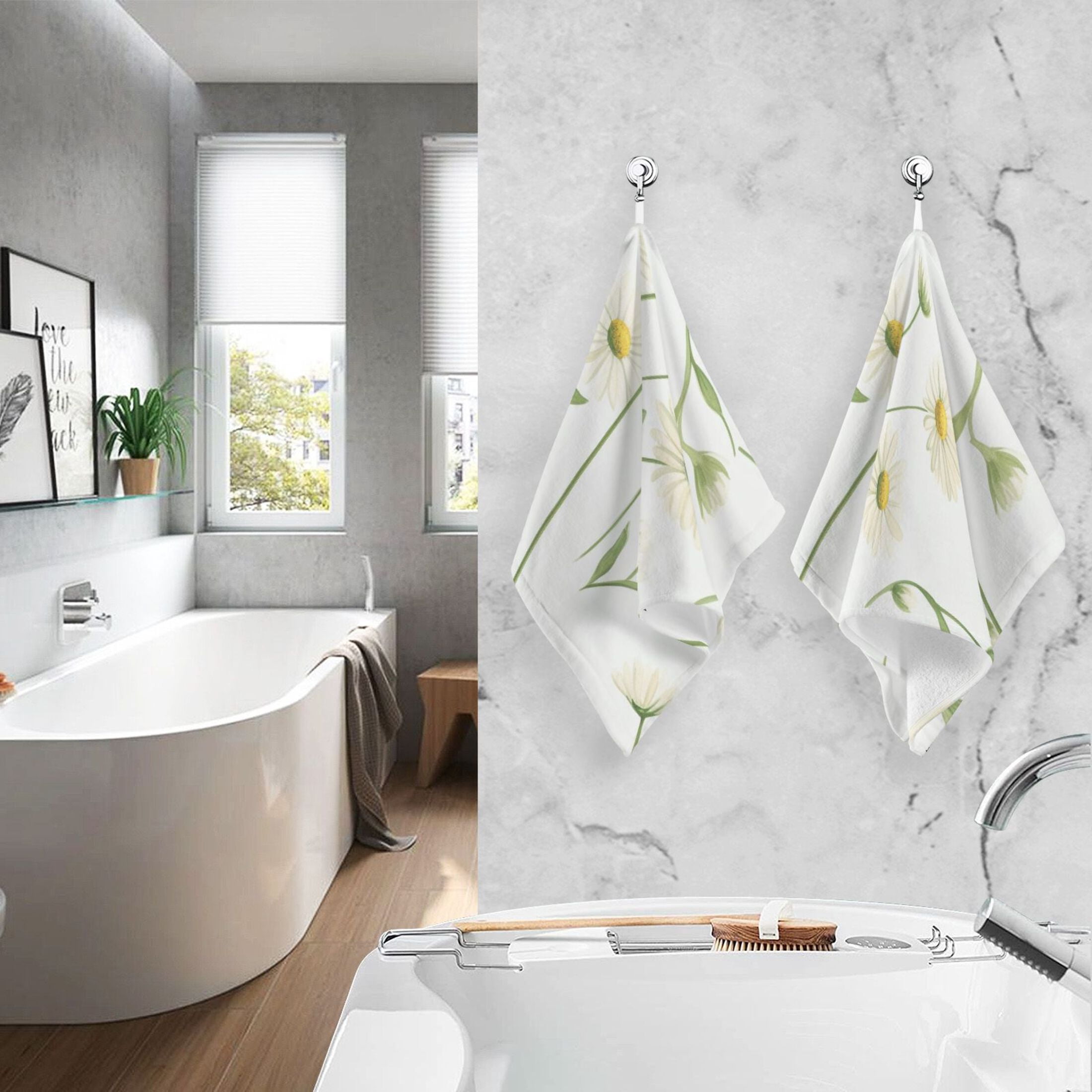 2 Pcs Hand Towel Set Cute Daisies and Leaves Cotton Absorbent Soft Face Towels Bath Towels for Bathroom Kitchen Shower Hotel Decor 16"x28"