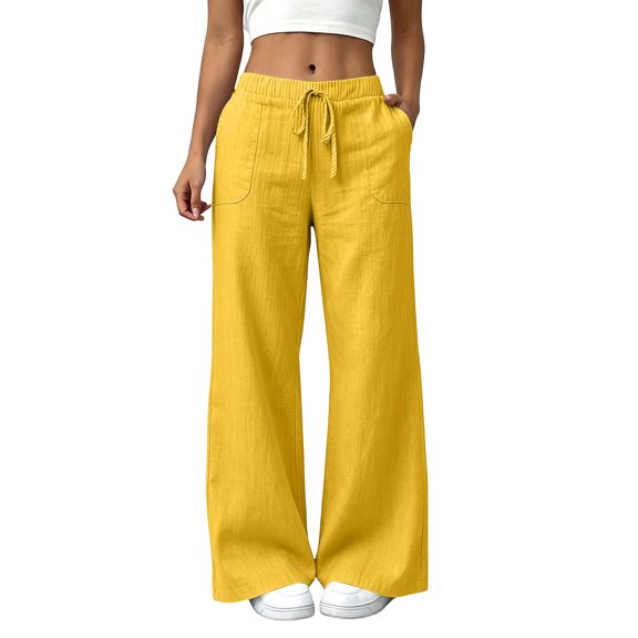 yeiolnoer Wide Leg Pants for Women Casual Cotton Linen Pants Drawstring Elastic Waist Pleated Pants with Pockets for Fall(Yellow,X-Large)