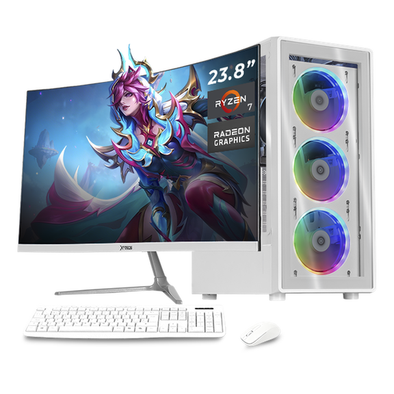 Computadora Escritorio Completa Xtreme PC Gaming AMD Radeon Vega Renoir Ryzen 7 5700G 16GB SSD 1TB Monitor Curvo 23.8 100Hz WIFI White juegos casuales, trabajo y estudio