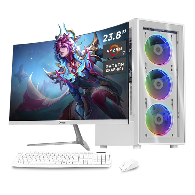Computadora Escritorio Completa Xtreme PC Gaming AMD Radeon Vega Renoir Ryzen 7 5700G 16GB SSD 1TB Monitor Curvo 23.8 100Hz WIFI White juegos casuales, trabajo y estudio