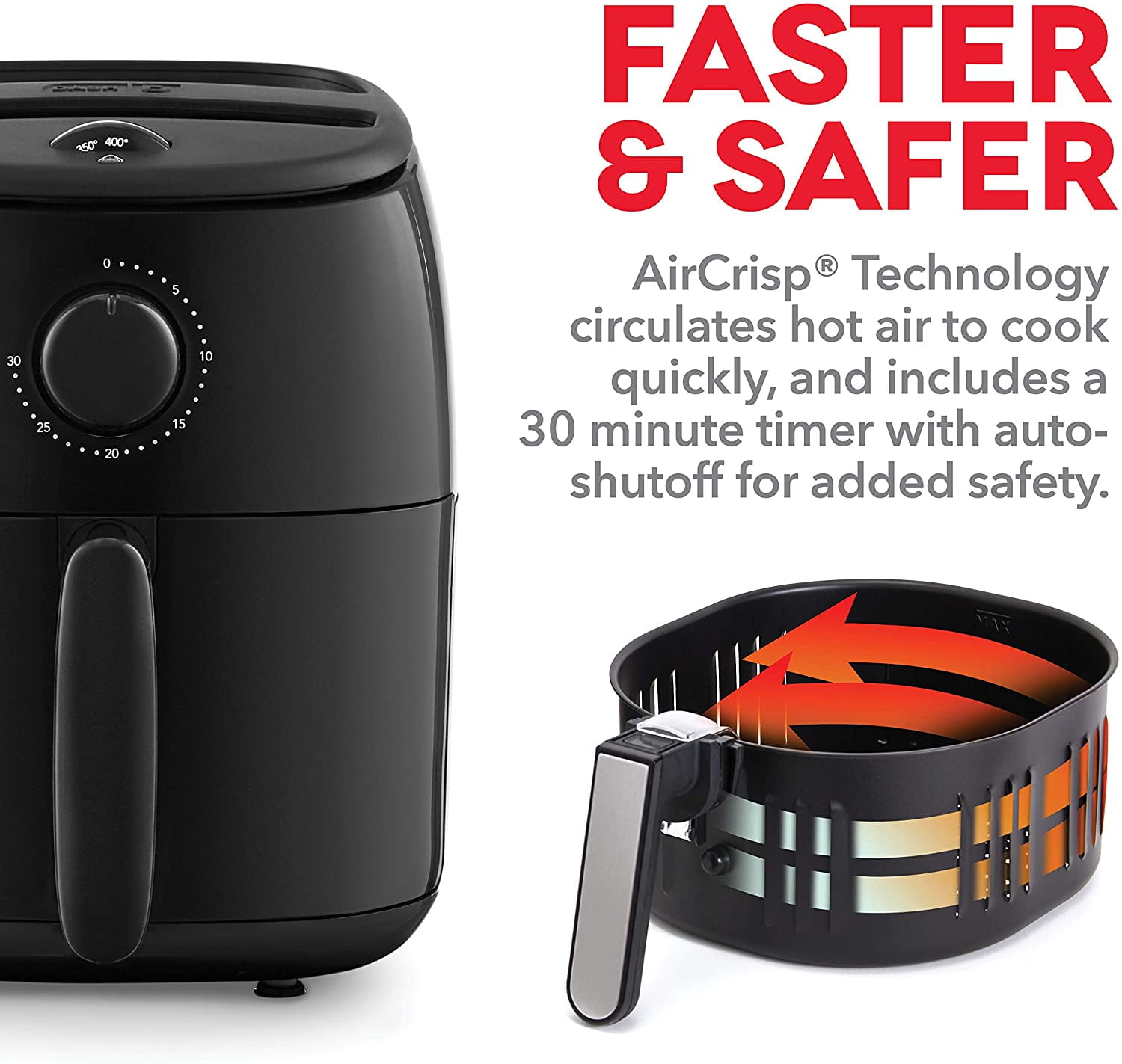 Dash Tasti-Crisp Air Fryer, 2.6 qt, Black - Auto Shut off, Non-Stick Fry Basket