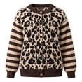 thumbnail image 3 of Women's Striped Leopard Print Button Down Long Sleeve Knitted Cardigan Sweaters (Brown XL), 3 of 4