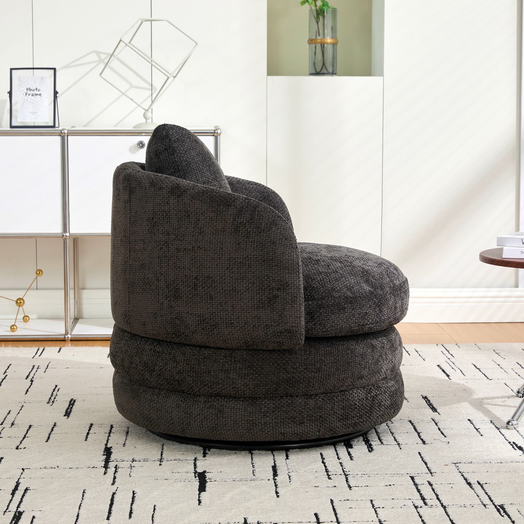 Noble House Norlyn 30" Chenille Swivel Barrel Accent Chair, 360° Comfy Lounge Reading Armchair with Pillow, Dark Gray