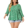 thumbnail image 1 of GRACE & GRANDEUR Blusas de mujer de talla grande con estampado de lunares, escote en V, mangas 3/4, dobladillo peplum, estilo babydoll, 3X, verde, 1 of 6