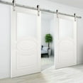 thumbnail image 3 of Modern Double Barn Door with Opaque Glass / Mela 7012 Matte White / Stainless Steel 13FT Rail Track Set / Solid Panel Interior Doors, 3 of 4