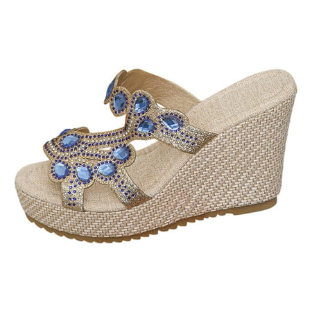 

MIASHUI Womens Sandals Shoes Rhinestone Bright Leather Thick Bottom Large Size Slope Heel Sandals Slippers Casual Summer Shoes Blue 7