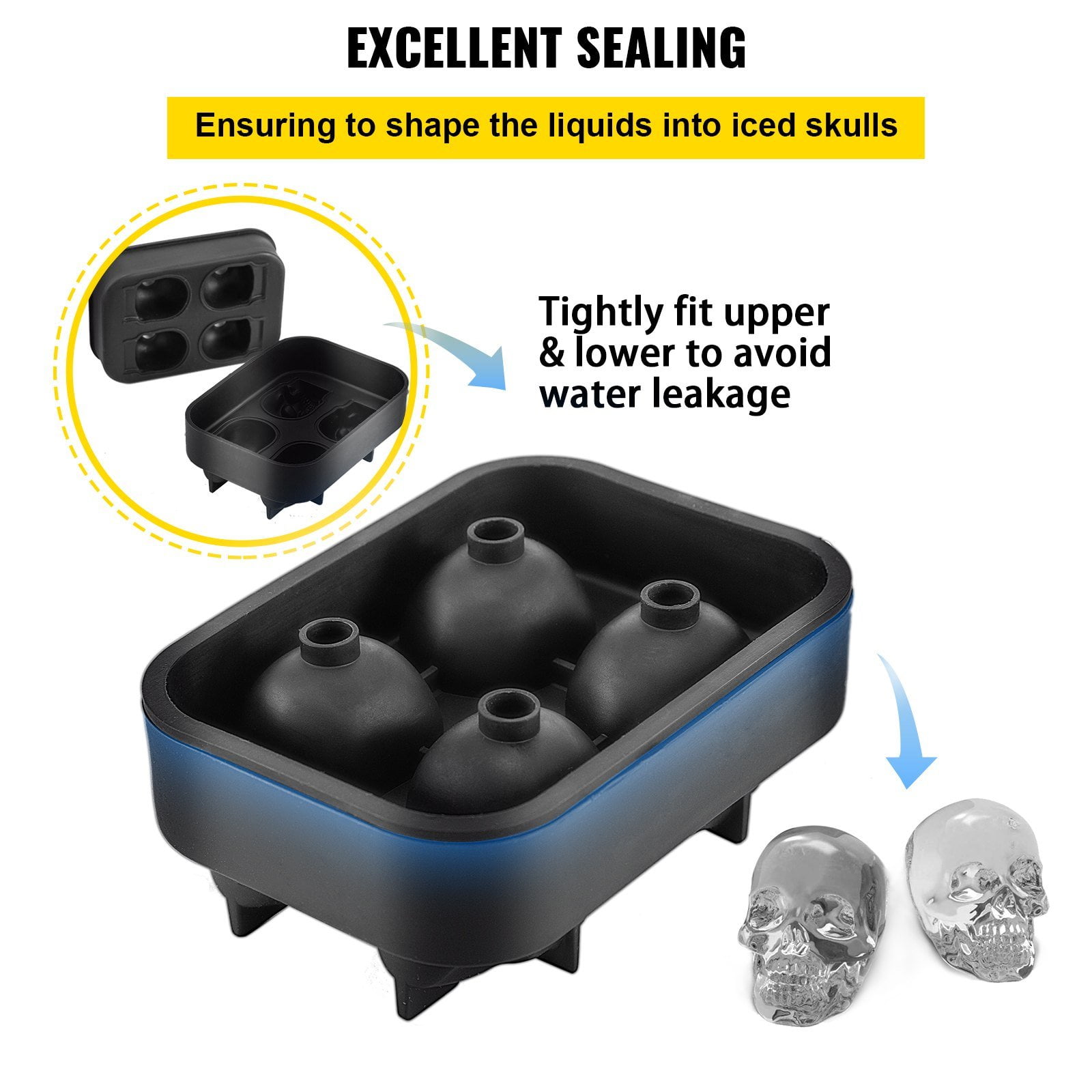 4-Grid Skull Ice Cube Tray with Lid & Funnel, Flexible Black Silicone Mold for Halloween Cocktails, Party Drinks – Makes 1.6” Skull Ice Cubes (BPA-Free)