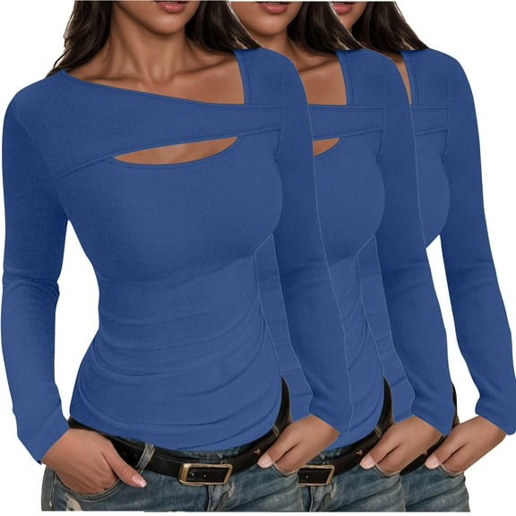 3 Pack Long Sleeve Ribbed Tops Womens Cutout Casual Basic Pullover Fall Knit Undershirts Stretch Layering Tee Shirts, Dark Blue 3XL