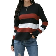 HUBERY Women Colorblock Stripe Crew Neck Long Sleeve Sweater