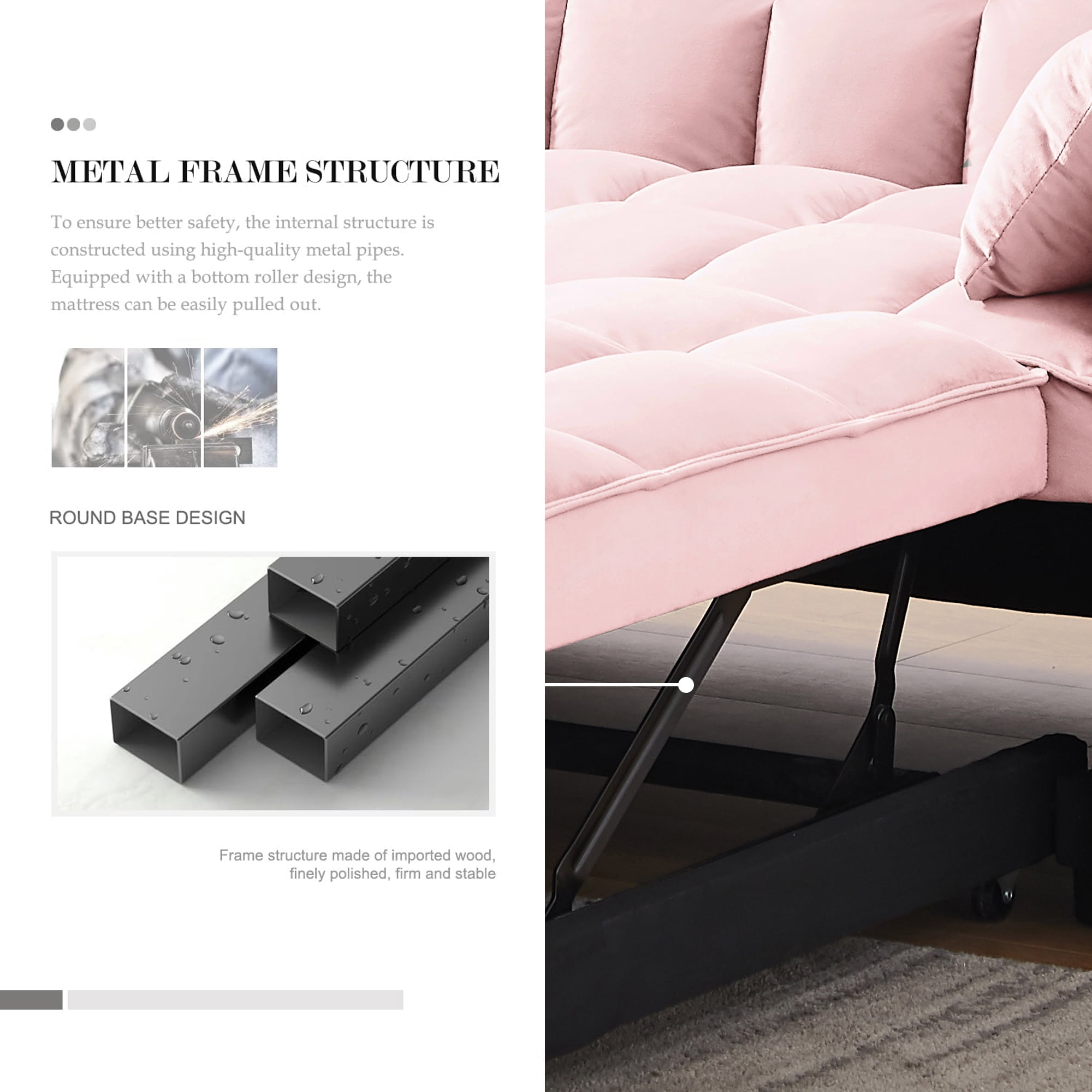 DEALTOPS Convertible Loveseat 55" 3-in-1 Multi-Functional Pull-Out Bed, Pink Velvet