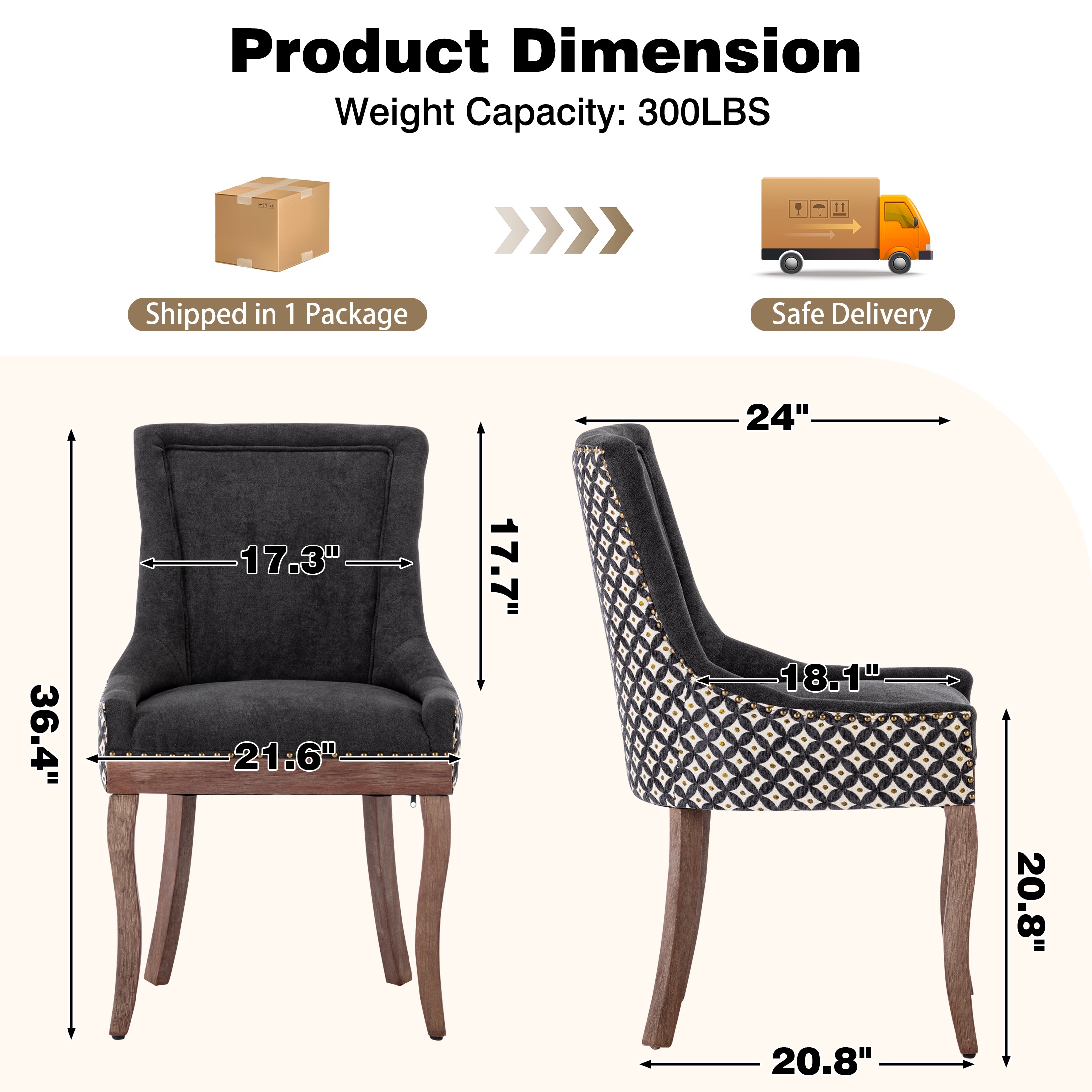 Dining Chairs Set of 2, LEGAHOME Black Fabric Upholstered Dining Chairs, Mid-century Kitchen Chairs with High Back, Bronze Nail Head, Solid Wood Legs, Black, 2 Pcs