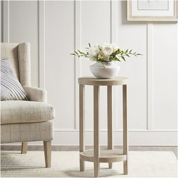 JERFIT Round End Table with Lower Shelf, 15 inch Farmhouse Side Table for Living Room, Reclaimed Wheat Finish, Rattan Cane Accent Table, Country Cottage Nightstand