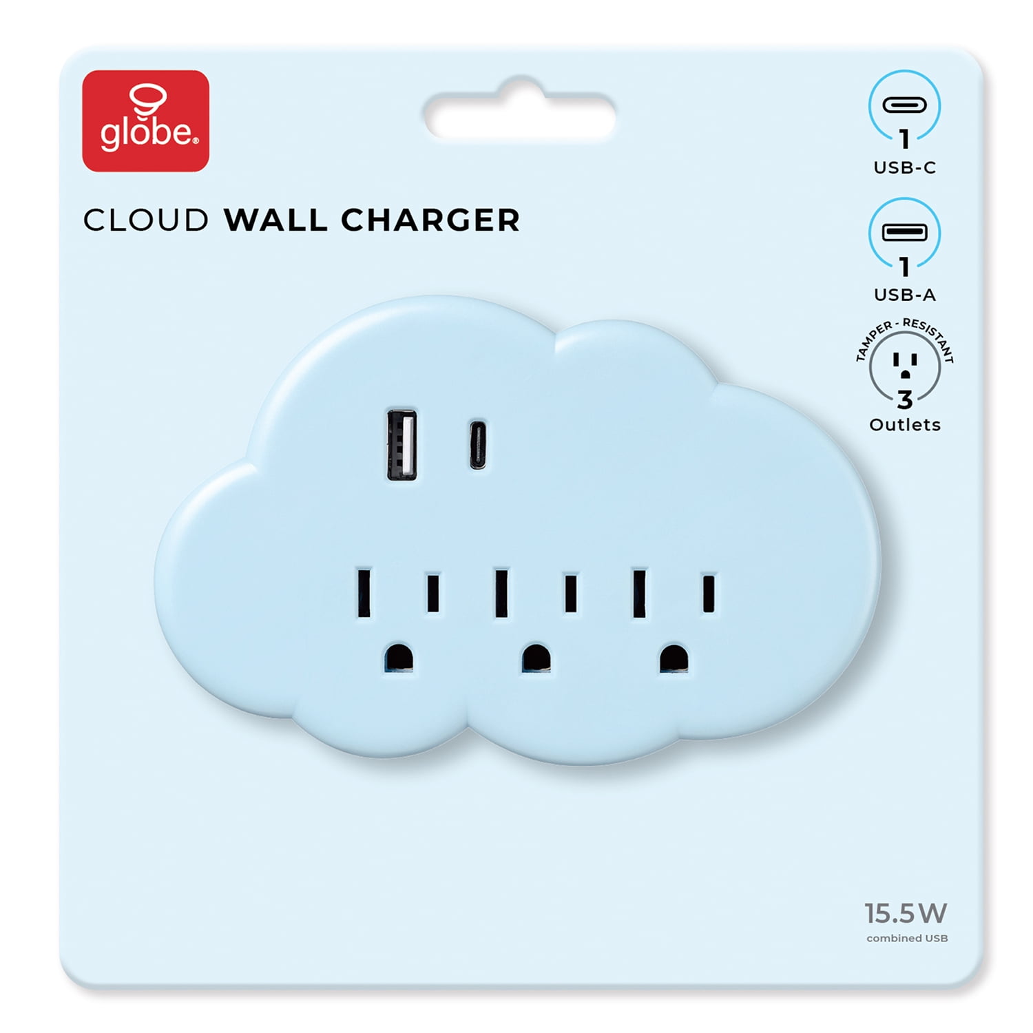 Globe Electric 3-Outlet Cloud Indoor Wall Tap Charger, 1 USB-A and 1 USB-C Port, Blue