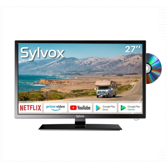 SYLVOX 12 Volt TV, 27" RV TV with Built-in DVD Player, 1080P Smart Google TV OS Free Download APPs, ATSC NTSC WiFi Bluetooth HDMI USB, AC/DC Powered (Trailer Series)