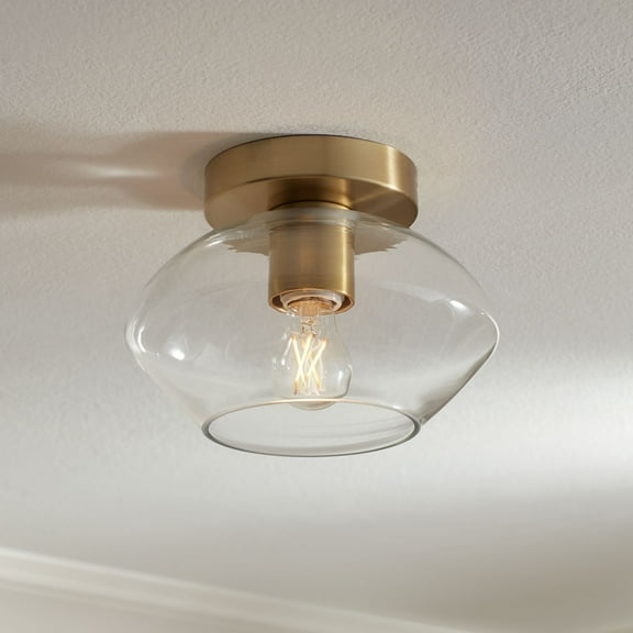 Possini Euro Design Gustin Modern Ceiling Light Semi Flush-Mount Fixture 8 3/4" Brass Clear Glass for Bedroom Kitchen Living Room