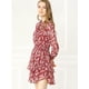 thumbnail image 3 of Mini Vestido De Gasa Con Capas De Cuello Con Lazo En La Cintura Con Estampado Floral Para Mujer Vino rojo XL, 3 of 6